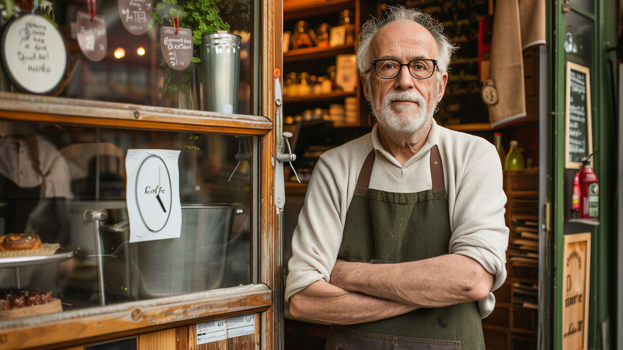 Elderly male cafe owner with glasses and apron standing with arms crossed in front of his cozy coffee shop.
